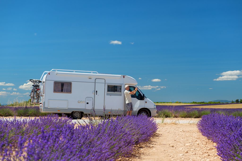 Ein Wohnmobil steht am Rande eines blühenden Lavendelfeldes.