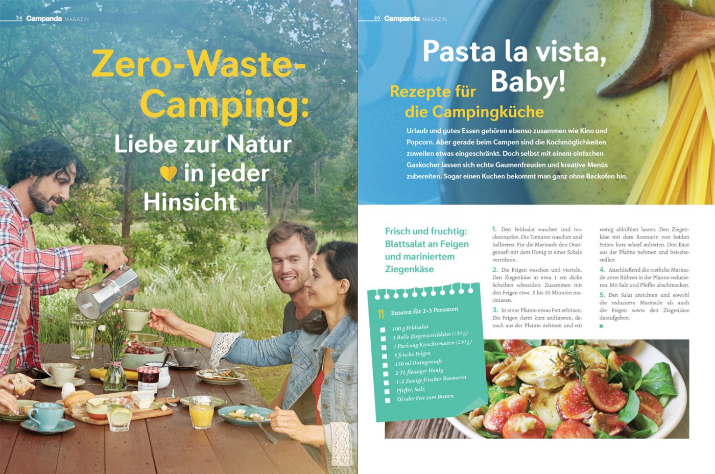 Artikel über Zero Waste Camping neben einem Artikel für Rezeptideen die gut geeignet für den Wohnmobiltrip sind.