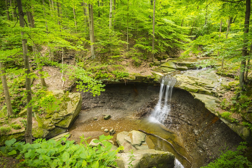 Ein kleiner Wasserfall inmitten eines Waldes im Cuyahoga Valley Nationalpark.