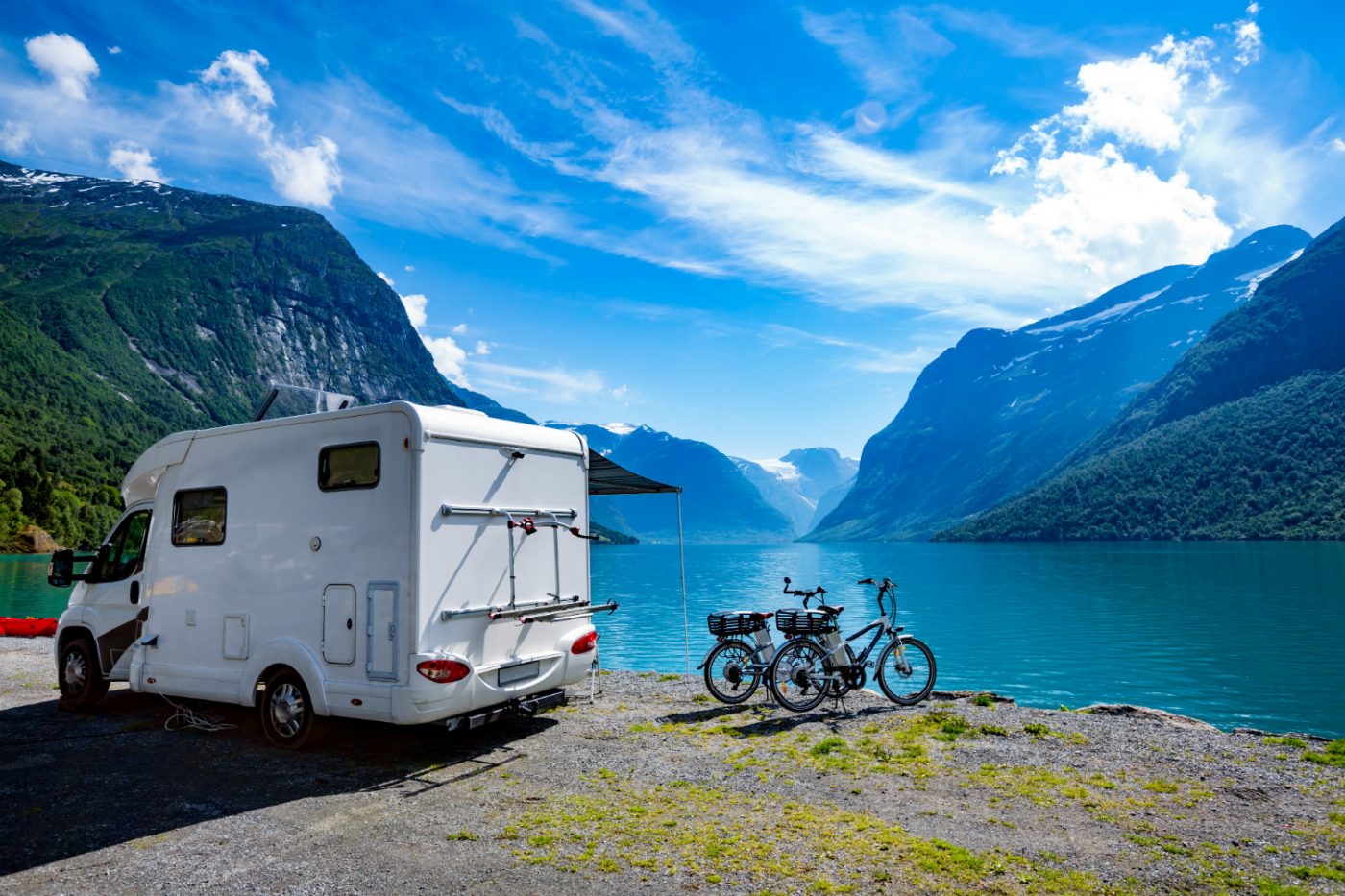 Wohnmobil vor einem See und bergiger Kulisse